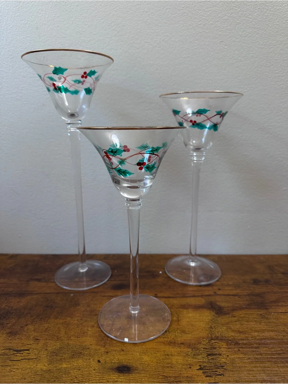 Trim A‎ Home Christmas Glass Voti­ve Candle Holders Tartan Ribbon Holly Set of 3